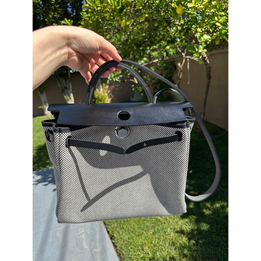 Hermes Herbag Zip 31 Black White Toile H Canvas Vache Hunter Leather Handbag